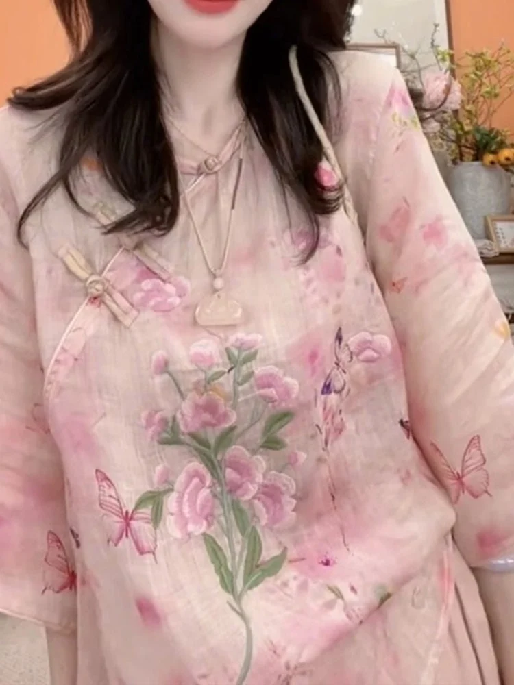 New Chinese Sle Embroidered Cotton Linen Women's irt Summer 2025 Loose Fit Printed Top Zen Tea Costume Fem  Silk
