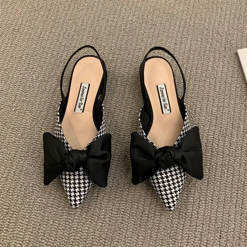 Summer Women\'s Pumps Fashion Shallow Bowknot Slingbacks Pumps Black and White Plaid Polka Dots Heels Slip-on Low Heels Sandals