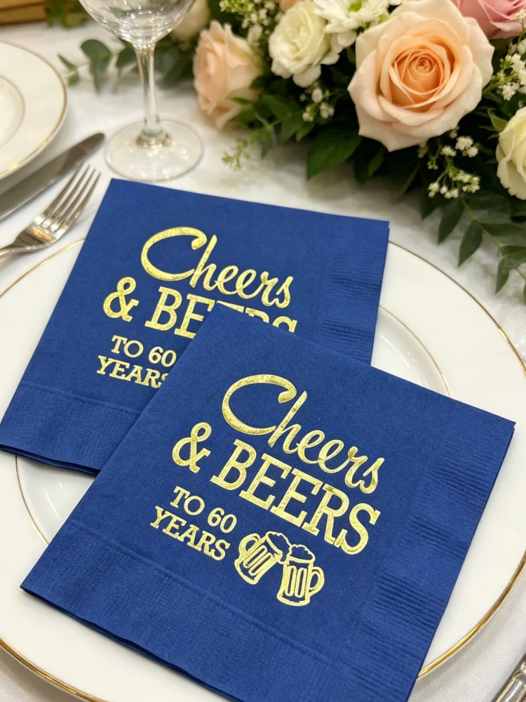 Custom Color Foil Stamped Cheers & Beers 60th Sixtieth Birthday Cocktail Paper Napkins Disposable Beer Themed Table Napkins