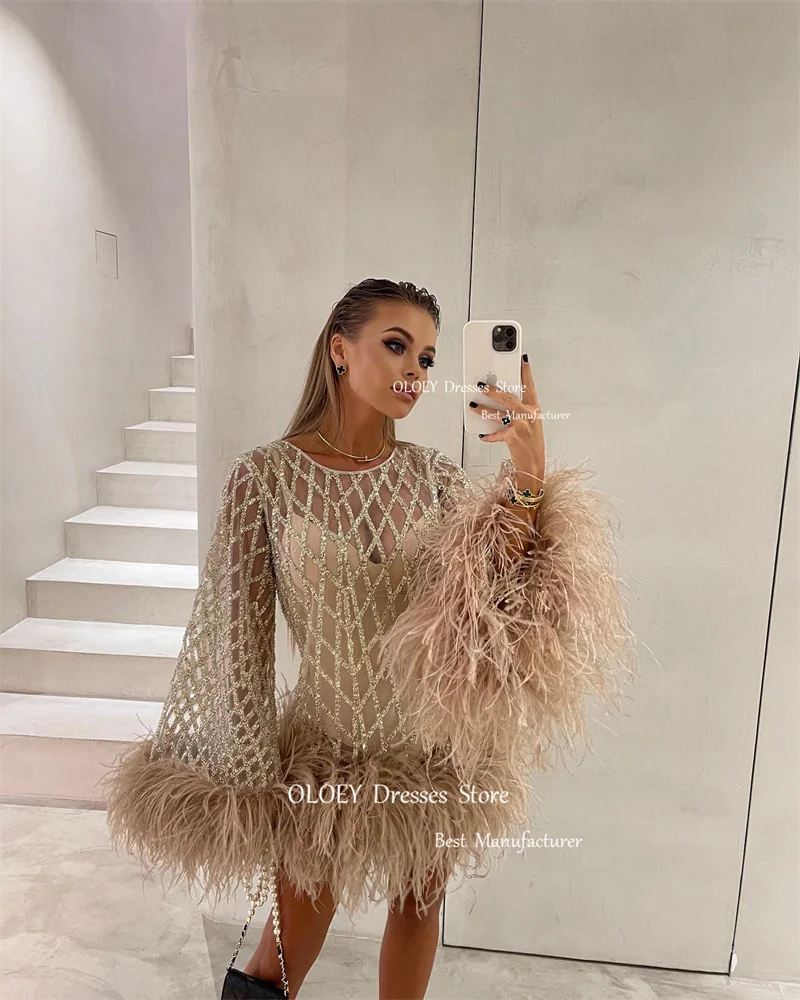 OLOEY Luxury Short Shiny Glitter Prom Party Dresses Flare Long Sleeves Jewel Neck Dubai Arabic Women Cocktail Dress Night Event