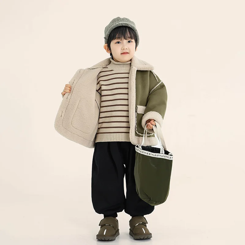 Children's Clothing, Boys' Velvet Jacket, Winter Primary and Secondary School Fur Integrated Lamb Wool Single Breasted Top