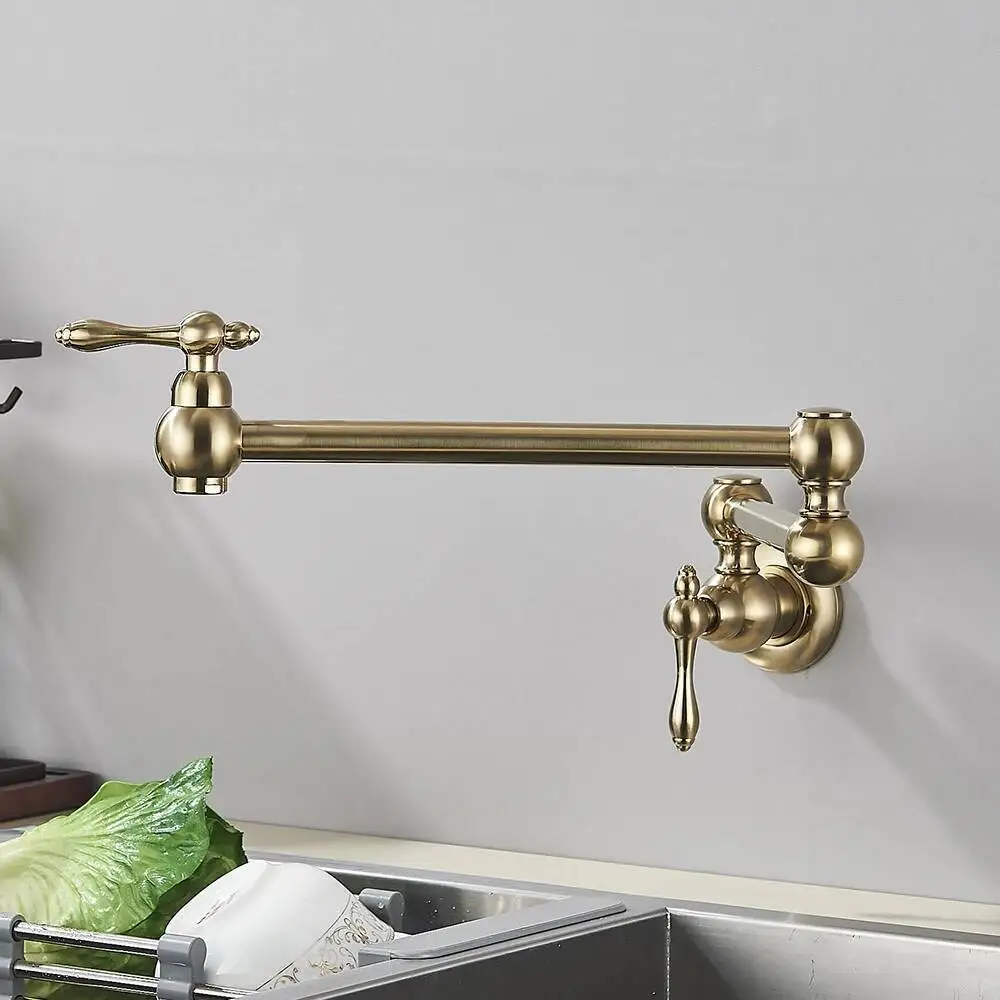 Ouro escovado girado cozinha torneira de água fria bacia de bronze pia giratória torneiras fixado na parede