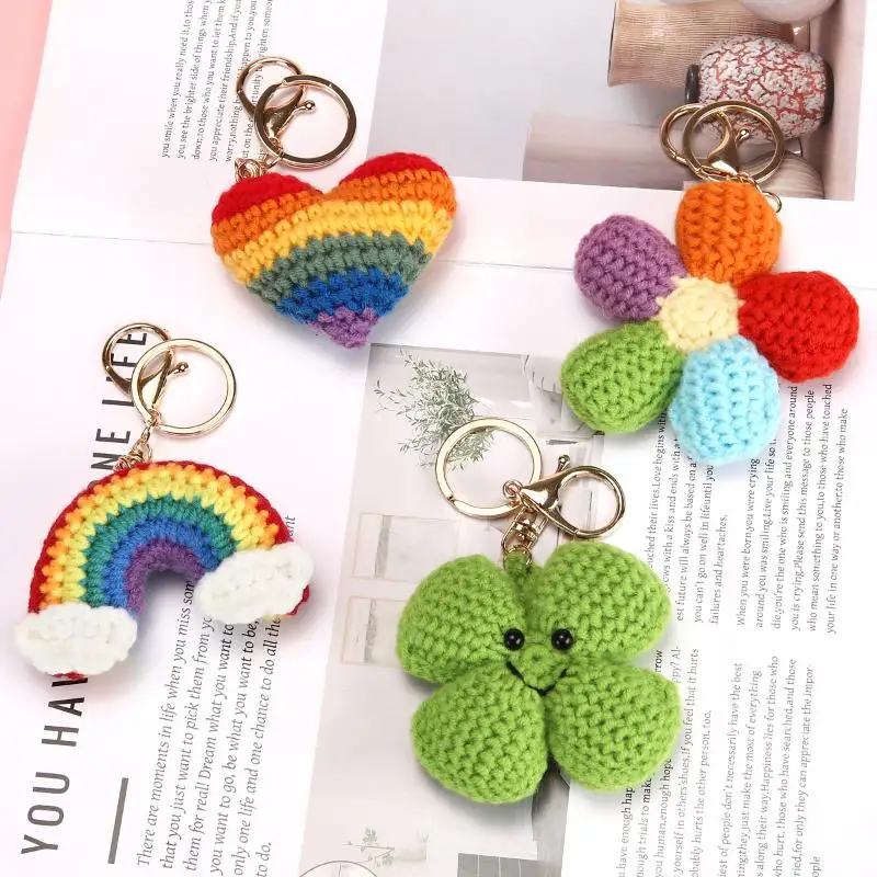 /Lucky Four-Leaf Clover Keychain Cute Heart Shaped Flower Handmade Weaving Bag Charm Keyring Creative Bag Pendant Decorations