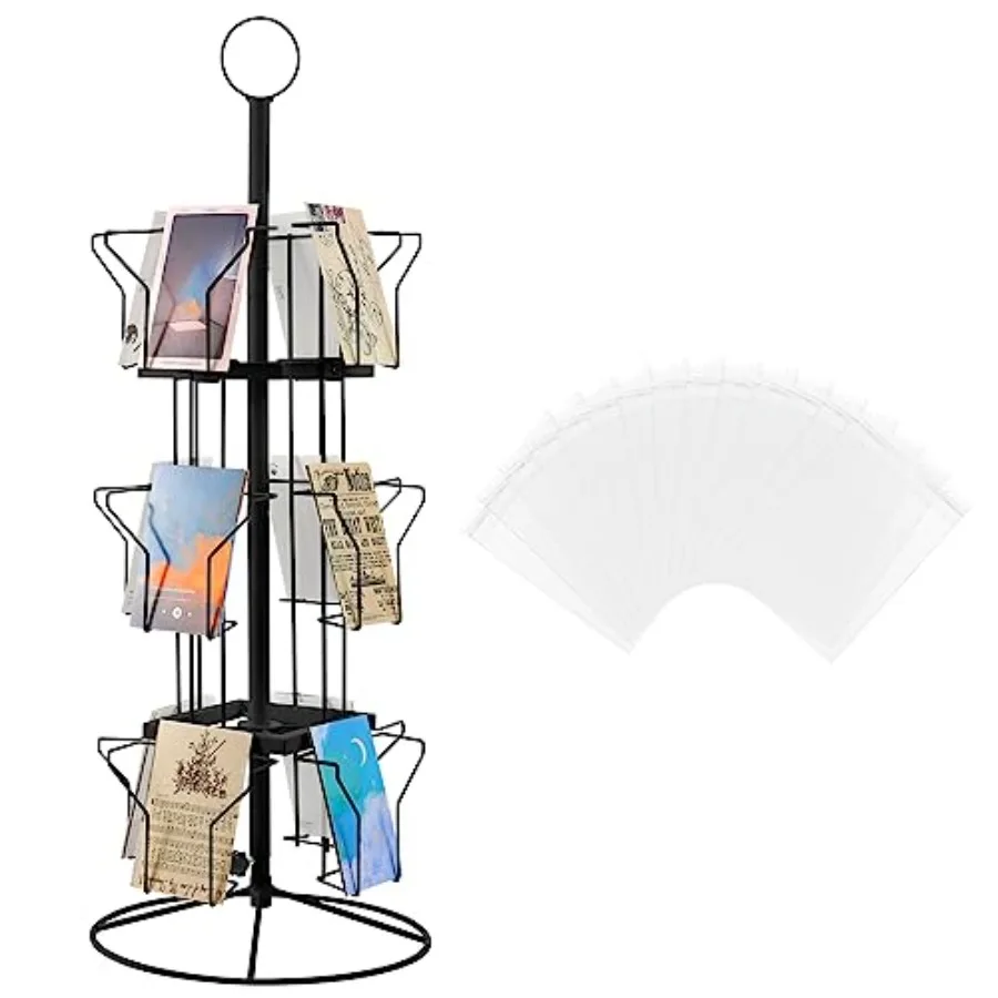 

12 Pockets Greeting Card Display Stand Countertop Rotating Greeting Card Rack with 200 Clear Resealable Bags 3 Tier Metal Displ