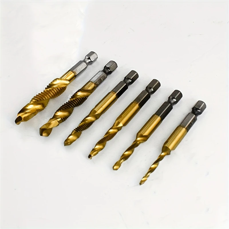 6pcs Titanium Plated Composite Screw Tap Drill Bit Set for Screw Tapping, HSS 4341 Countersink Drilling Hole M3 M4 M5 M6 M8 M10