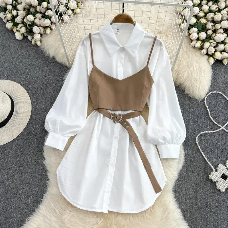 

Hikigawa Chic Fashion Women 2 Pcs Dress Sets Autumn Retro White Button Up Shirts Dresses+Cropped Belted Slim Waist Camisole Top