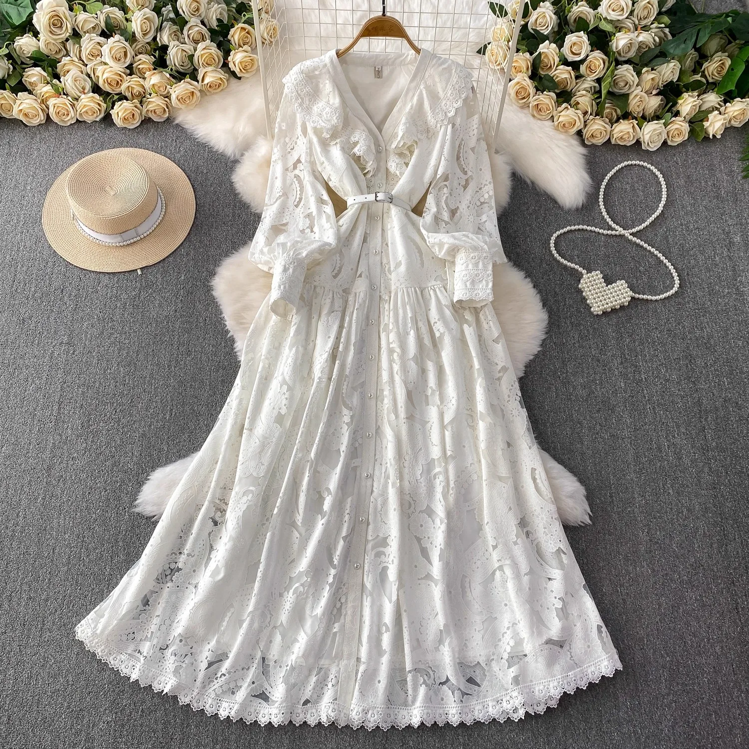 

Elegant Flower Embroidery Hollow Out Lace Long Dress Women's V-Neck Pearl Buttons Eveng Party Dress Wedding Bridesmaid Robe