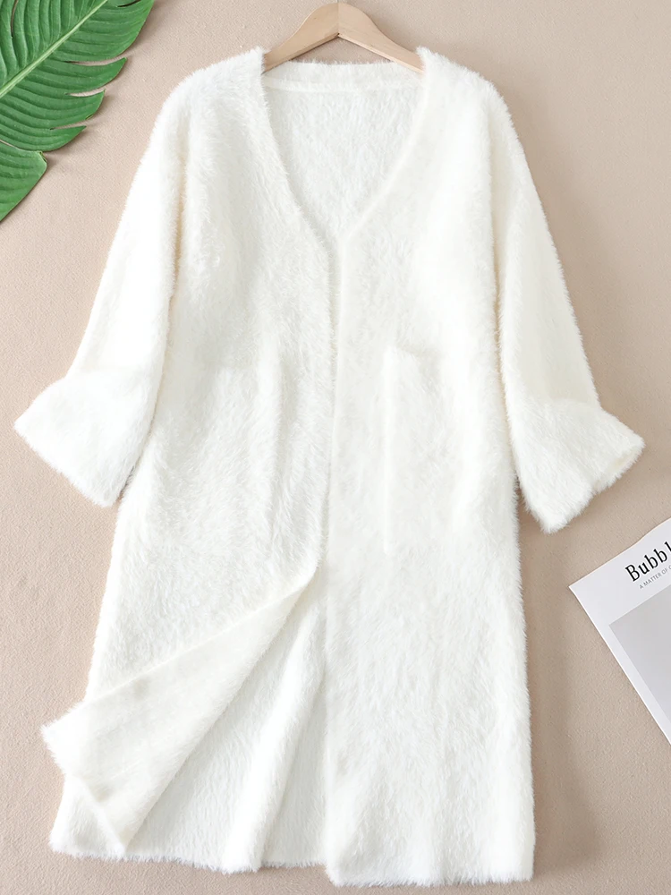 سترة نسائية محبوكة طويلة من Thiened معطف شتوي مع كيتات كبيرة دافئة من الفرو الصناعي وشعر طويل ملابس خارجية فضفاضة #5