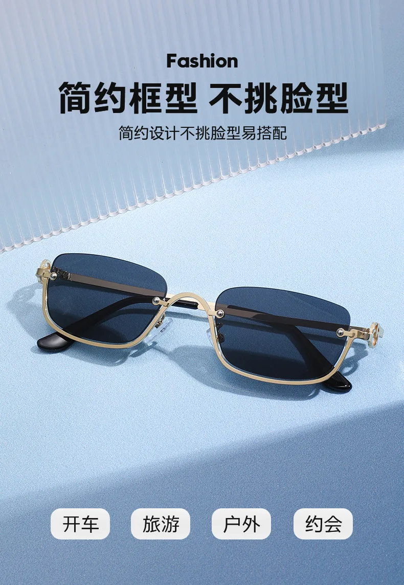 Modische Metall-Halbrahmen-Sonnenbrille, schmale, kleine Sonnenbrille, Hip-Hop, UV-beständig, Fahrrad-Sonnenbrille, Reisebrille – Detail 3