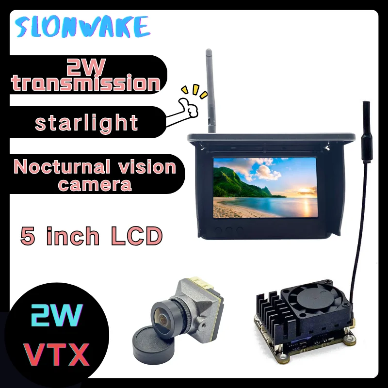 SLONWAKE 5.8G FPV SUIT 2000mw transmission VTX 1500TVL Nocturnal vision camera and 5 inch LCD MONITOR for FPV racing drone