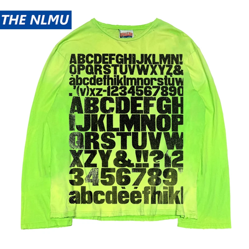 

2026 New Vintage Unisex Long Sleeve T-Shirt Washed Distressed Ripped Punk Letter Print Cotton Loose Tee