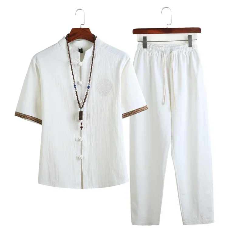 Summer Chinese Style Linen Tang Suit Traditional Clothing Men Shorts Tai Chi Uniform Retro V-neck Short Sleeve Shirt Pants Set