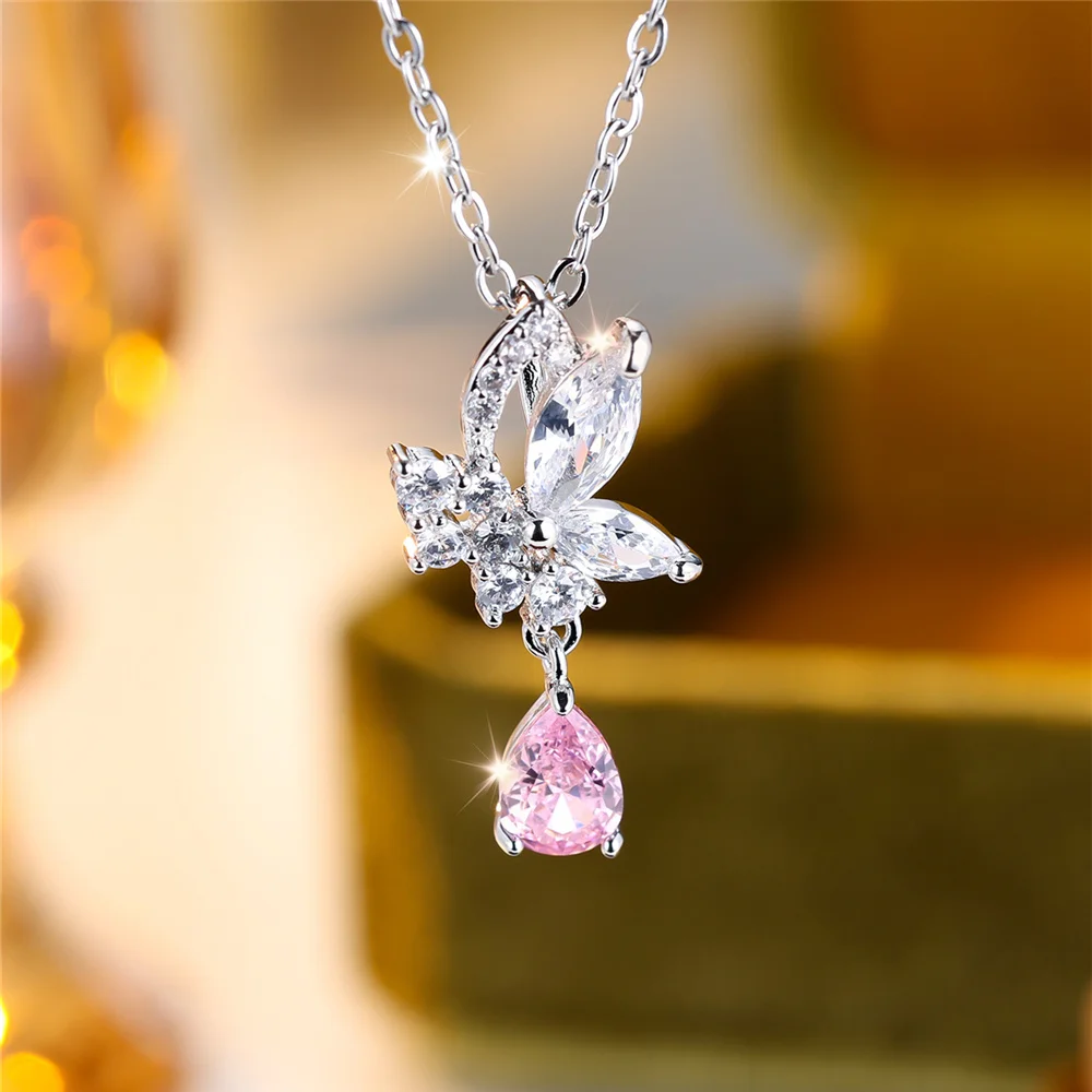 Female Crystal White Pink Zircon Drop Water Pendant Necklace Vintage Silver Color Wedding Jewelry For Women