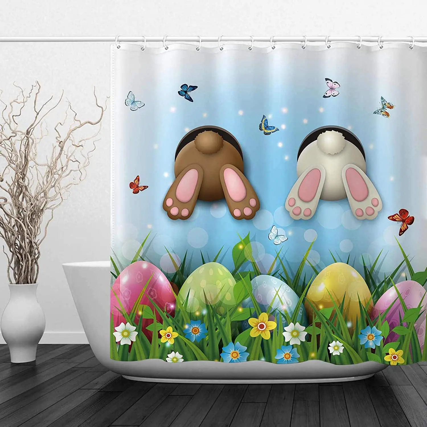 

Easter Shower Curtain Set Bathtub Valentine's Day Home Bathroom Decoration Butterfly Egg Waterproof Curtains Cortina Ducha Baño