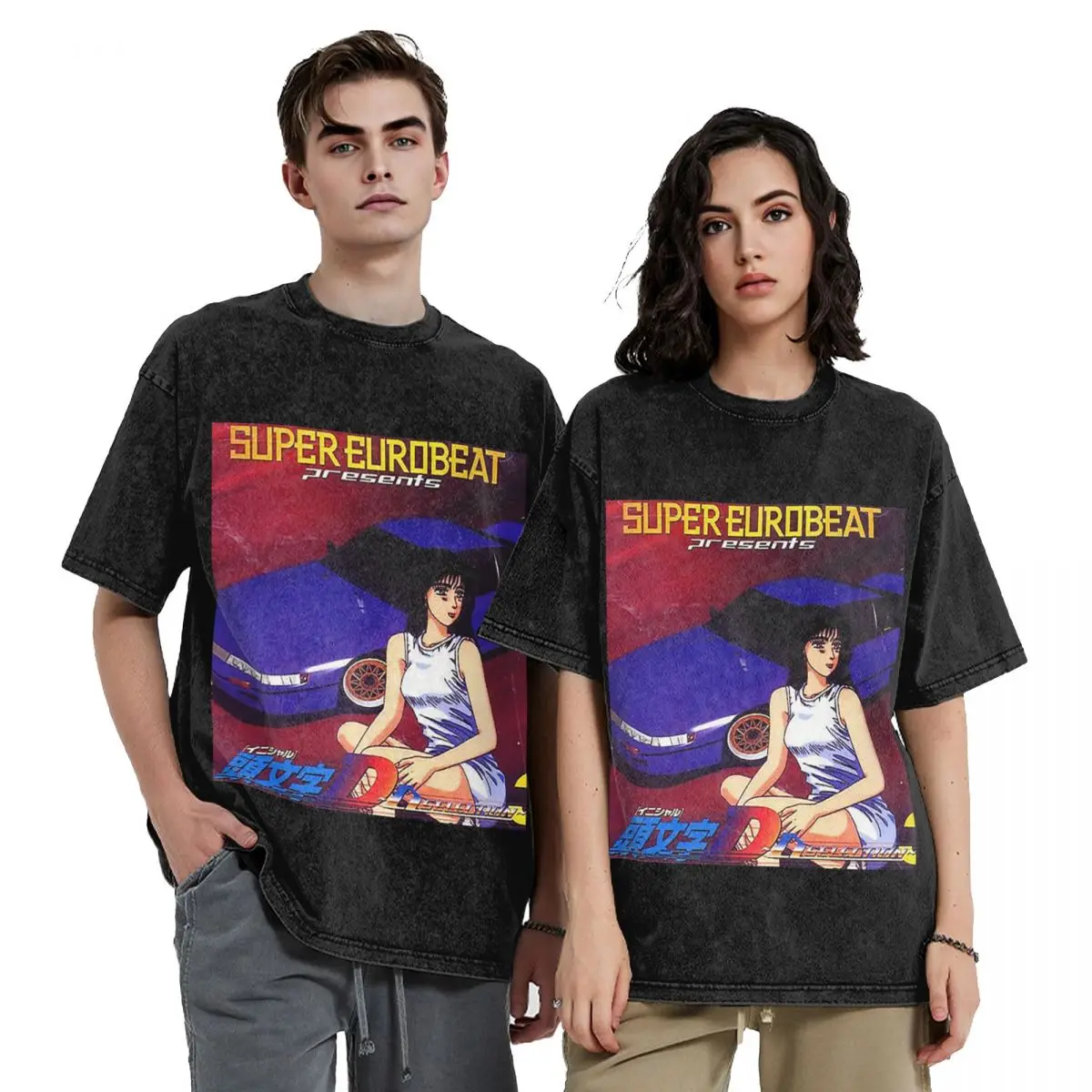 Initial D Mako Super Eurobeat Anim Hip Hop Short Sleeve T-Shirts Washed Tops Tees Streetwear T Shirt Printed for Men Women