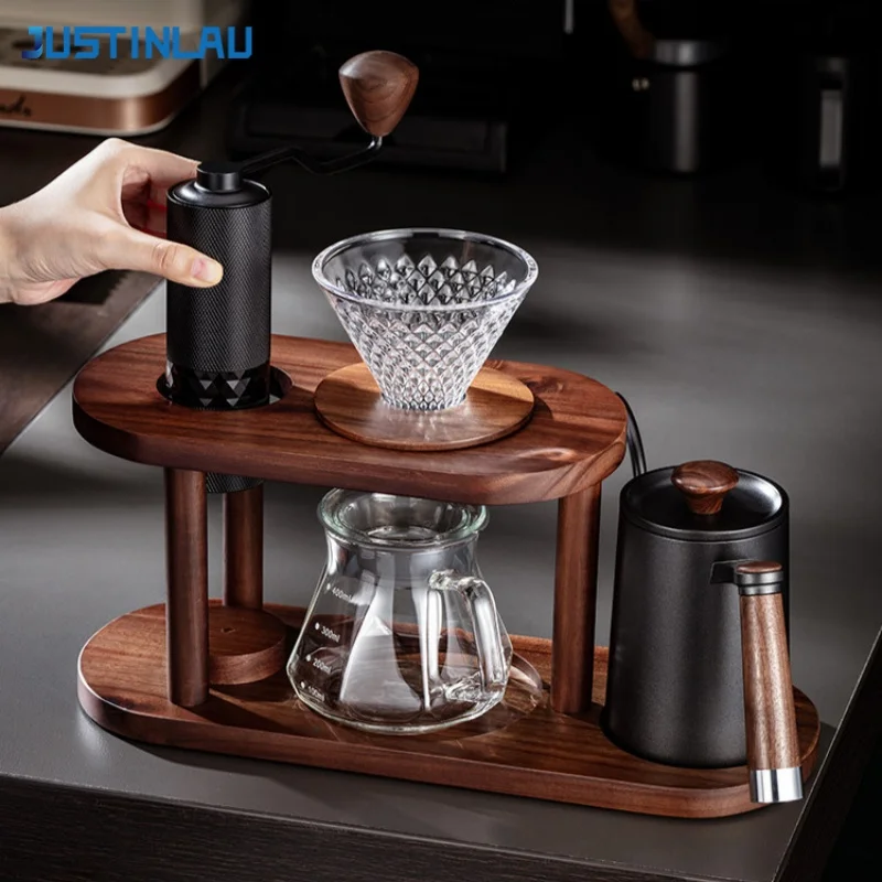 JUSTINLAU Solid Wood Pour Over Coffee Stand Hand Dripper Storage Rack for Hand Sharing Pot & Diamond Glass Dripper Barista Tools
