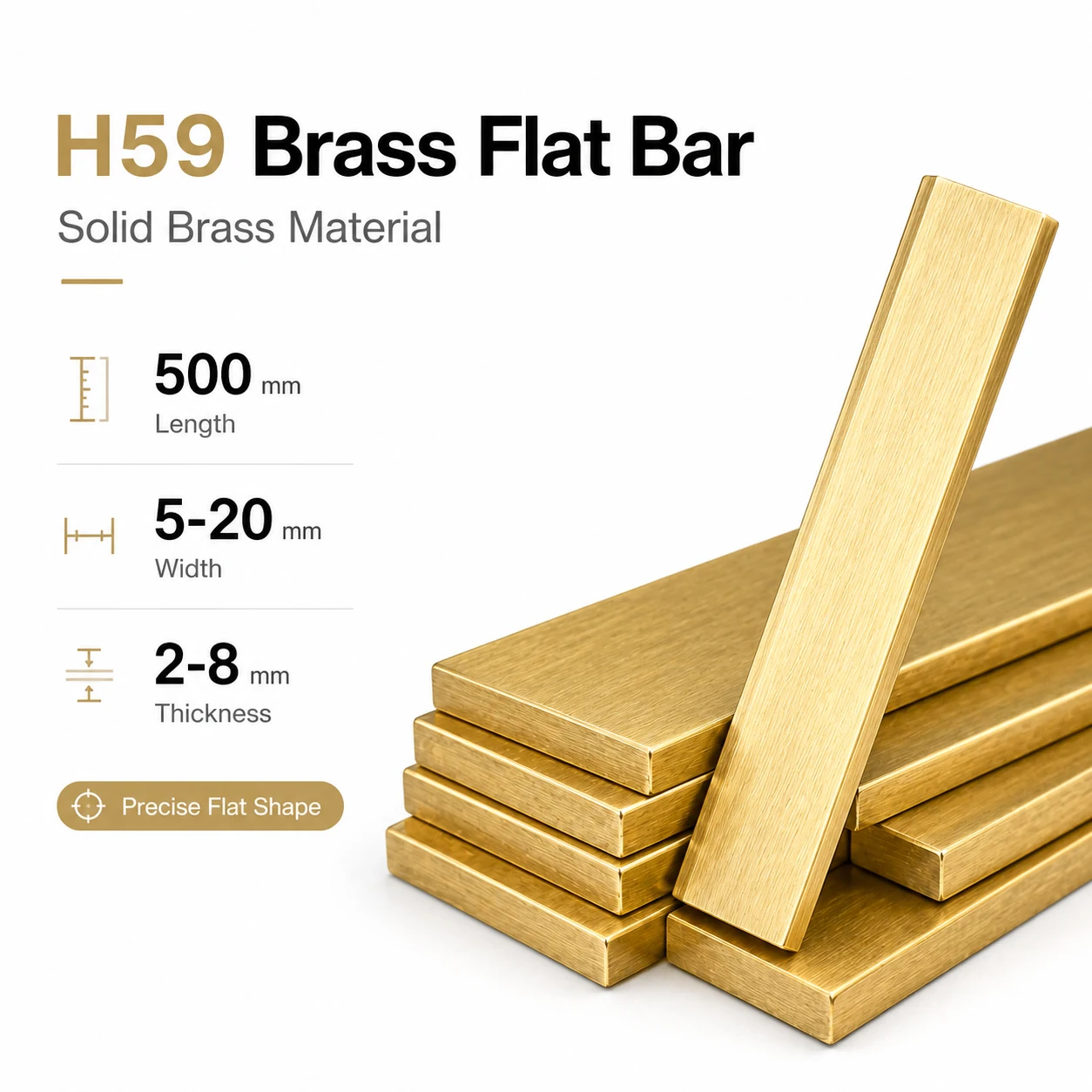 1-5Pcs H59 Brass Flat Bar 500mm Length, 2-8mm Thick Solids Coppers Strip Plate for Metalworking, Model Making & DIY
