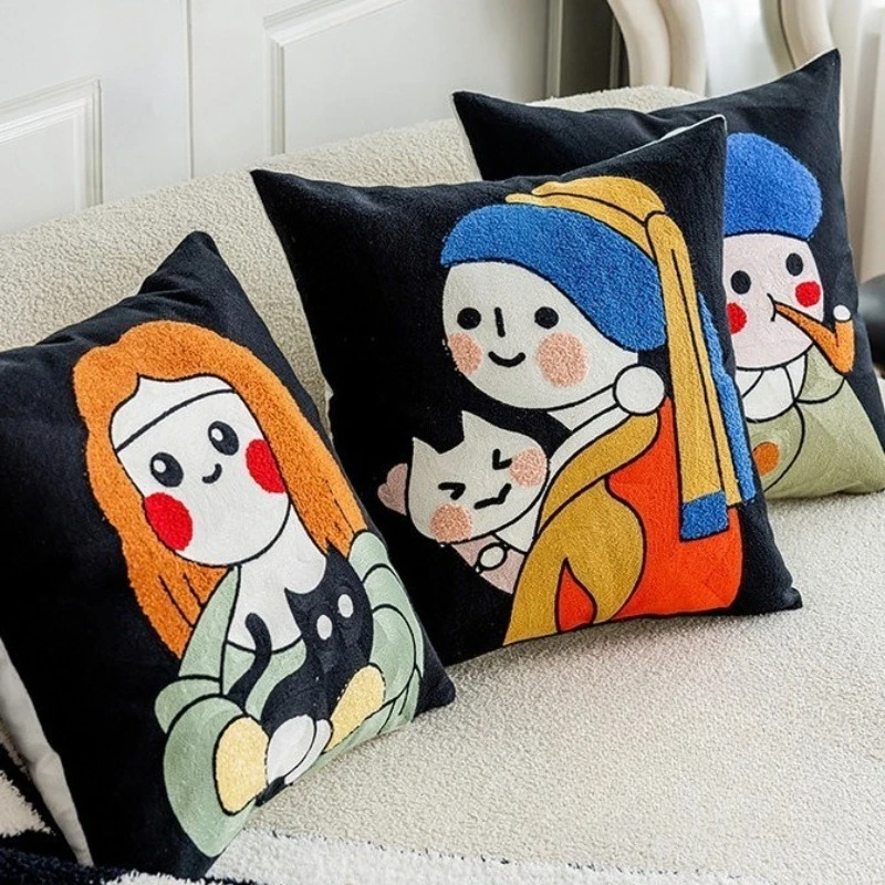 

Luxury Cartoon Portrait Embroidered Cushion Cover Cotton Canvas Square Decorative Pillow Case for Sofa Premium Home Decor