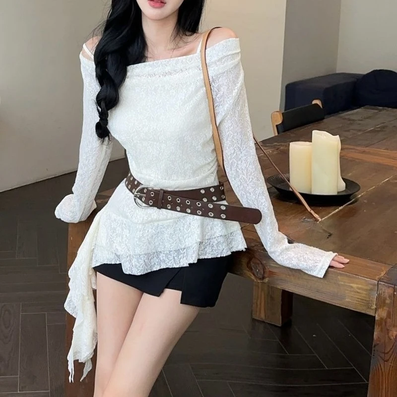 Y2k Clothes T Shirt For Woman Solid Spring Autumn Irregular Ropa De Mujer Vintage Swing Collar Sexy Fashion Tees