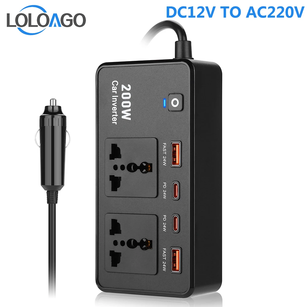 LOLOAGO Power Inverter Car Adapter From DC12v To AC220v Electric Devices for Car 200W USB Type C Universal Voltage Converter