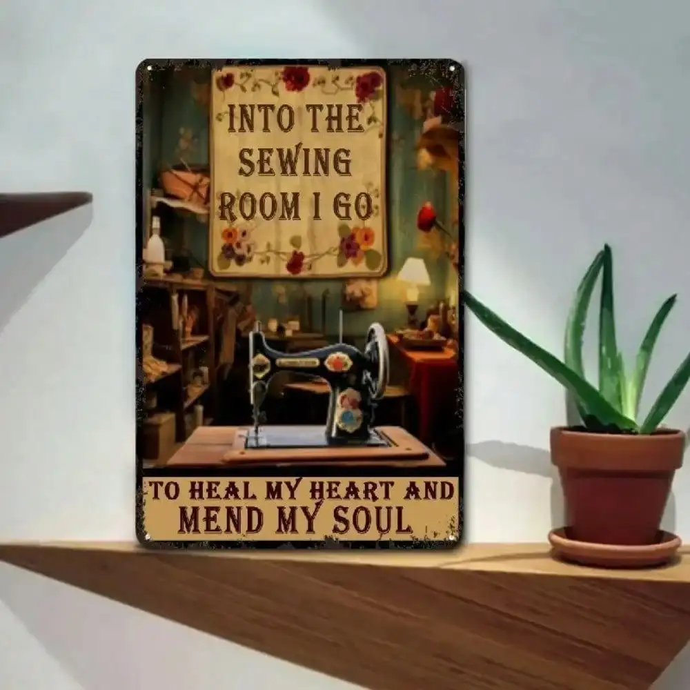 Vintage Metal Sign Wall Decor Retro Sewing Machine Art With Pre-Drilled Hanging Holes