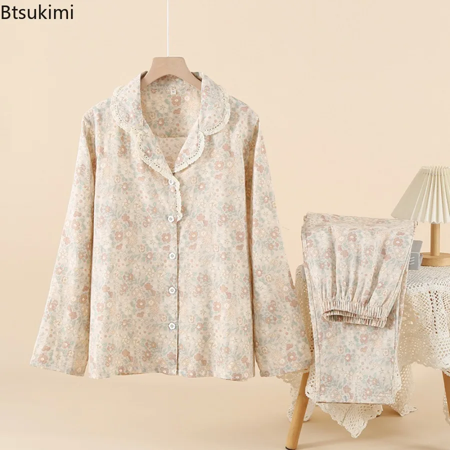 

Женские весенне-летние хлопковые двойные марлевые пижамы с отложным воротником, домашняя одежда, тонкие брюки с длинными рукавами, комплекты из двух предметов для женщин