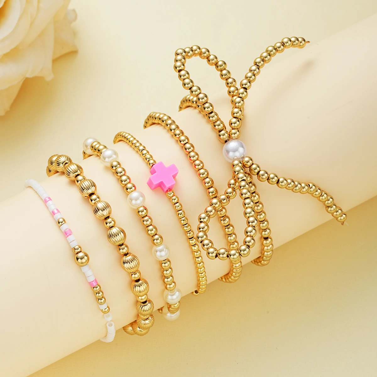 6 قطعة/المجموعة خمر الذهب اللون Bowknot مطرز أساور للنساء أنيقة الصليب تقليد اللؤلؤ الإسورة مجموعة جديد عصري مجوهرات الحفلات