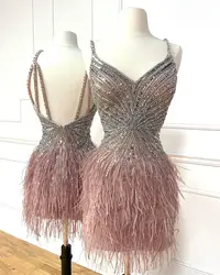 Spakrly Crystal Short Prom Dress Spaghetti Strap Above Knee Mini Party Dresses Feather Backless Sexy Cocktail Dresses