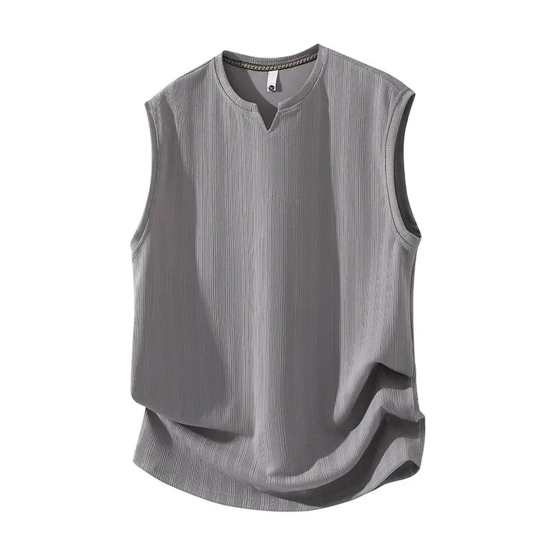 Men's Plus Size Textured Notch Neck  Top Loose Sleeveless Shirt for 95-280 lbs