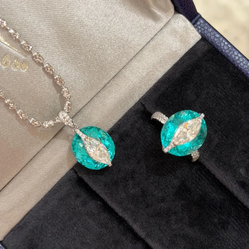 Bellux Lab Grown YAG Neon Blue Paraiba Rings Necklace 925 Silver Fashion Pendant Luxury Mint Small Fresh Jewelry Set