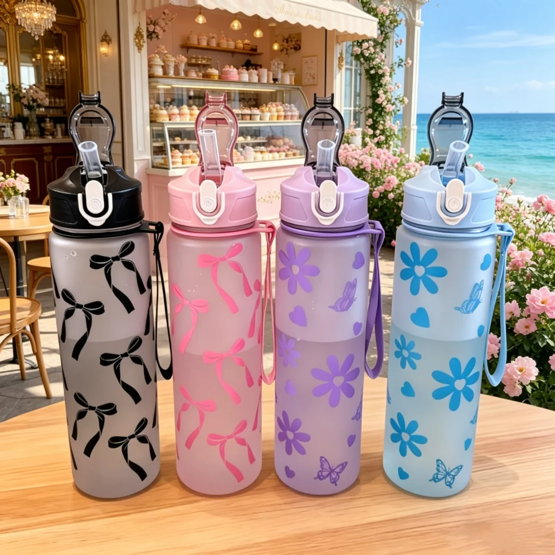 Botella de agua con estampado completo de flores y patrones de lazos, moderna y elegante, ligera con cordón portátil, duradera