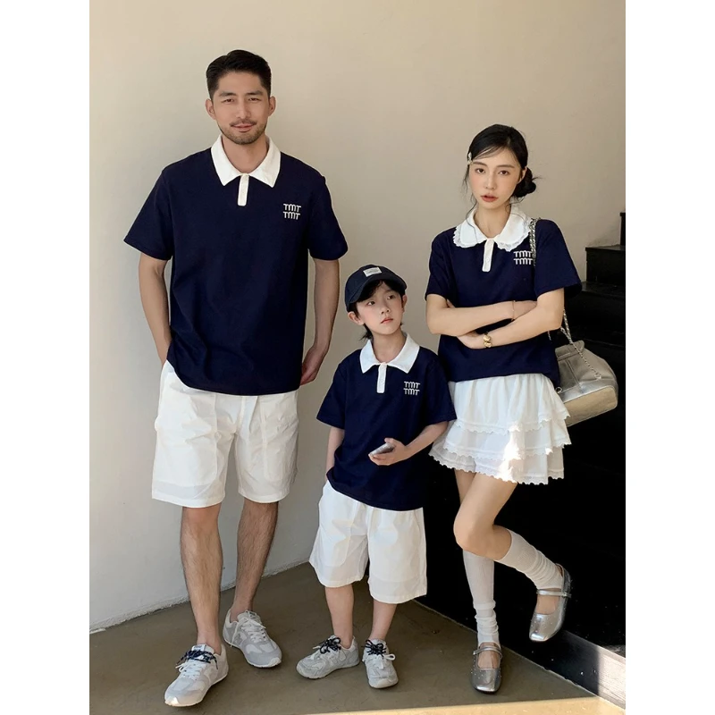 2026 Family Matching Outfits Mommy And Me Preppy Style Polo Tops Skirt Sets Vacation Casual Wear For Family