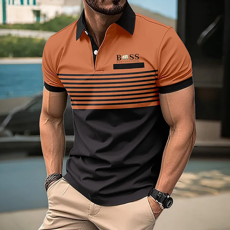 Summer men\'s short sleeved polo shirt business office 3D digital stripe lapel shirt European and American casual top plus size