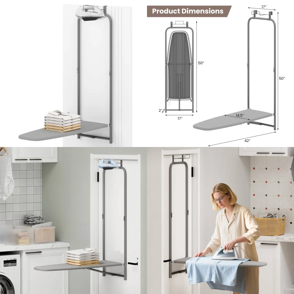 

Space Saving Door Ironing Board with Stand and Cotton Cover Gray Foldable Wall Mounted Ironing Mat Easy Storage Home Laundry