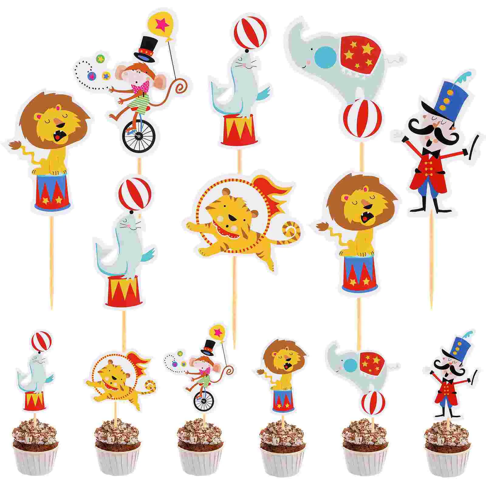 72pcs Cartoon Cake Decor Circus Animal Tiger Dolphin Cupcake Topper Party Supplies cake picks party cupcake topper