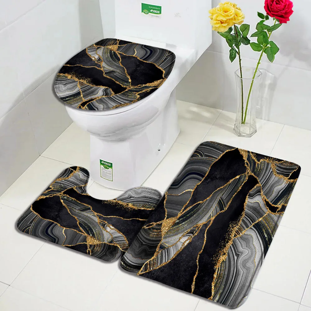 Abstract Black Marble Bath Mat Set Gold Lines Grey Textured Art Geometric Carpet Home Bathroom Decor Floor Rugs Toilet Lid Cover