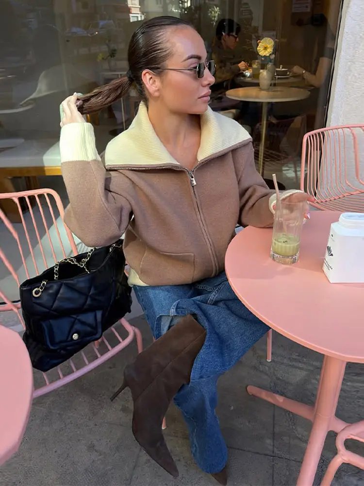 

Fashion Female Long Sleeve Lapel Pockets Knitted Coat Women's Patchwork Zipper Knitting Cardigan 2026 Spring Lady Jackets Street