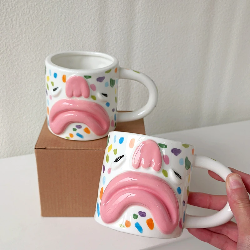 Funny Face Ceramic Mug For Gift Ins Style Color Blocking Big Mouth Coffee Cups Household Office Cute Water Glass Breakfast Cup