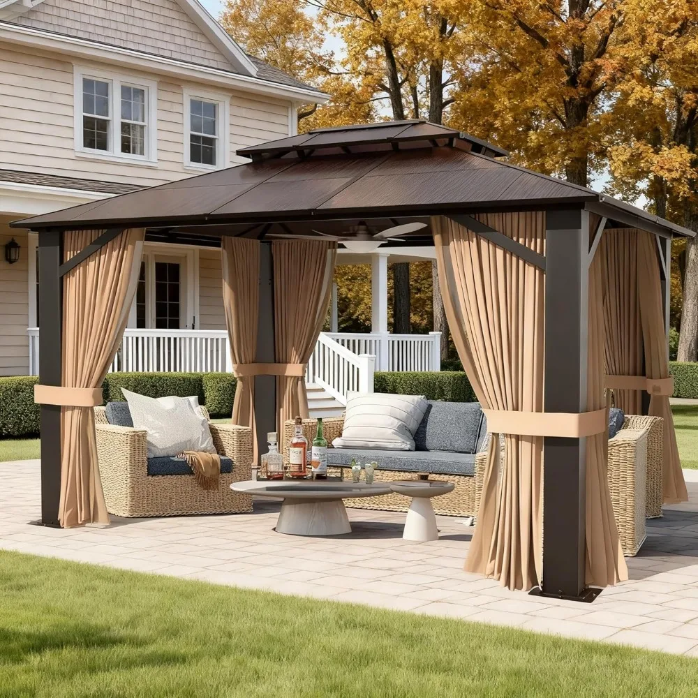 

Беседка 10x12 с твердым верхом и шторами и сеткой, навес из поликарбоната с двойной крышей, прочная алюминиевая рама, всепогодная