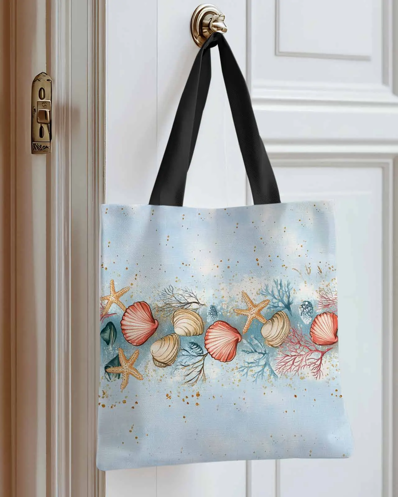 

Summer Shell Red Blue Coral Canvas Bag Handbag Oxford Cloth Eco Shopping Storage Bag for Home Use