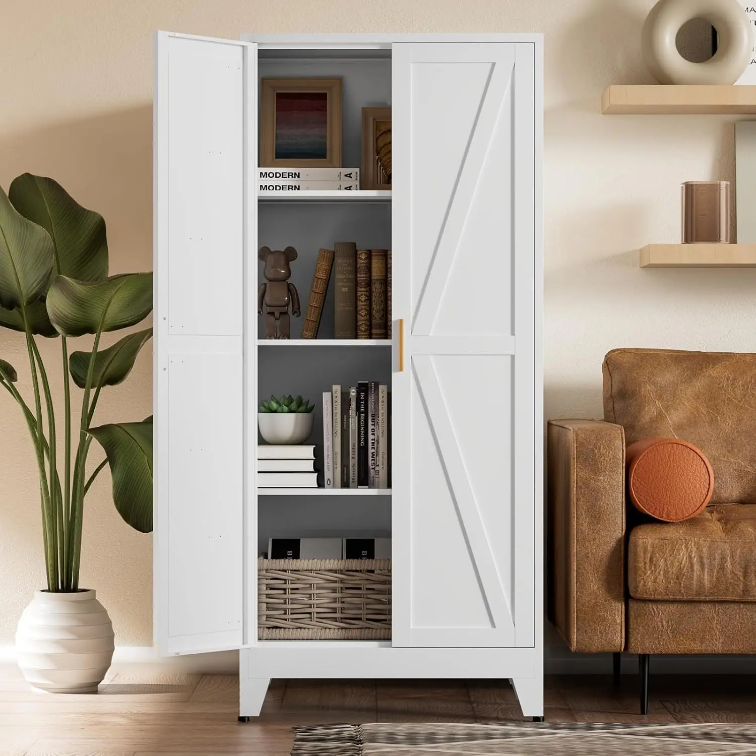 

White Farmhouse Storage Kitchen Pantry Cabinet with 2 Barn Door, 3 Adjustable Shelves and Legs, for Cupboard/Dining Room