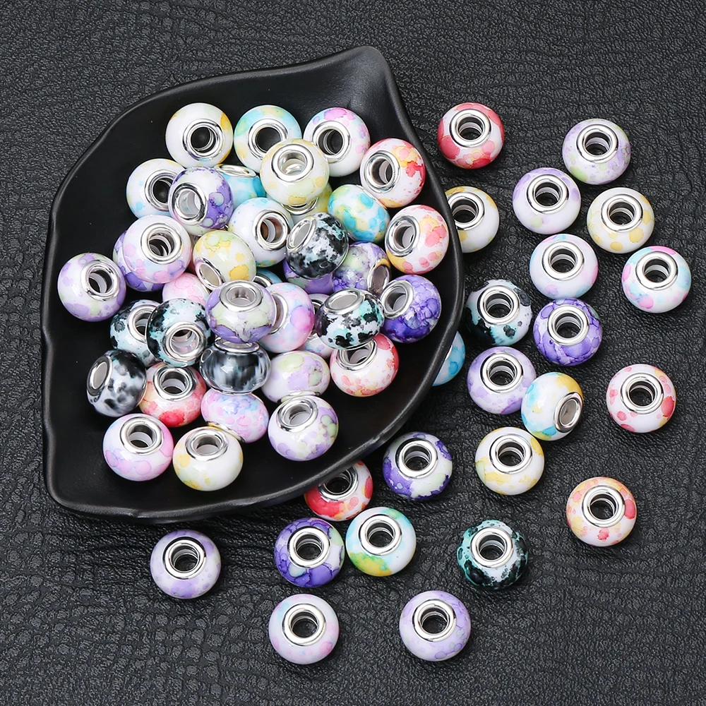 50Pcs Colorful Big Hole Acrylic Beads 14mm Round Flower Print Loose Bead Diy Bracelet Necklace Accessories for Jewelry Making