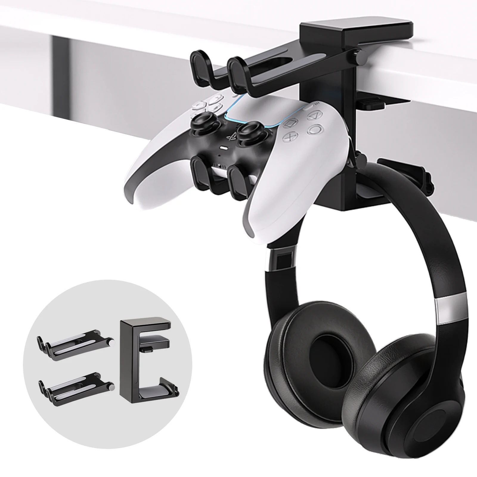 2 In 1 Headphone and Controller Stand with Cable Organizer Adjustable Clamp Gaming Headset Holder for Desk 360° Rotating Hanger