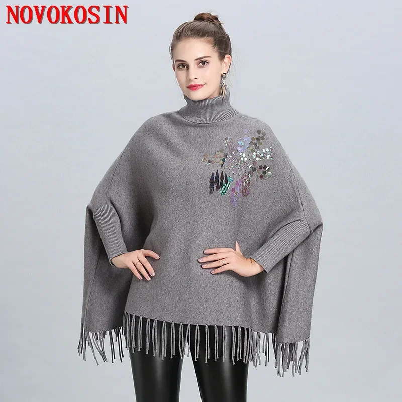 3 Style 4 Colors Winter Warm Knitted High Neck Beading Sequin Sweater Autumn Pullover Fashion Women Loose Tassel Poncho Knitwear