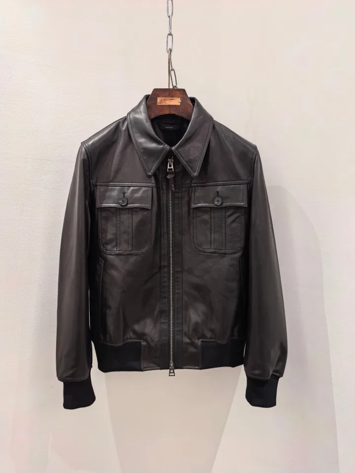 TF Men Lamb Leather Jacket 2026 New Turn Down Collar Zipper Front Big Pocket Horn Button Warm Coat