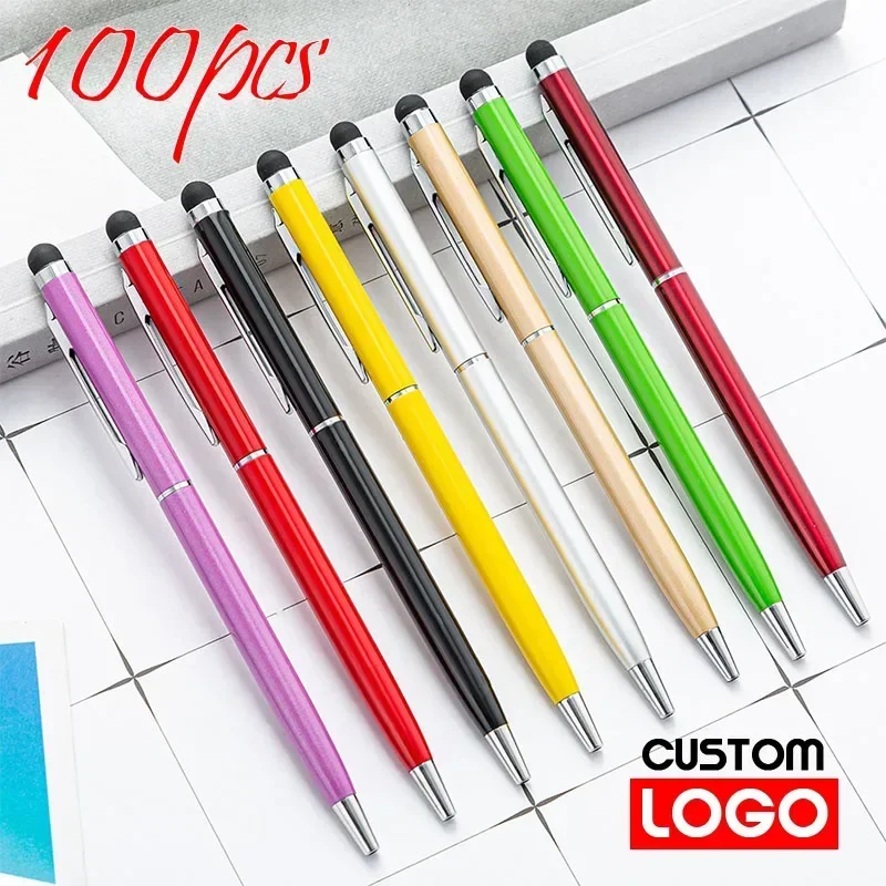 100 Packs of 13-color Mini Metal 2-in-1 Stylus Universal Ballpoint Pen Text Engraving Custom Logo Office School Advertising Pen