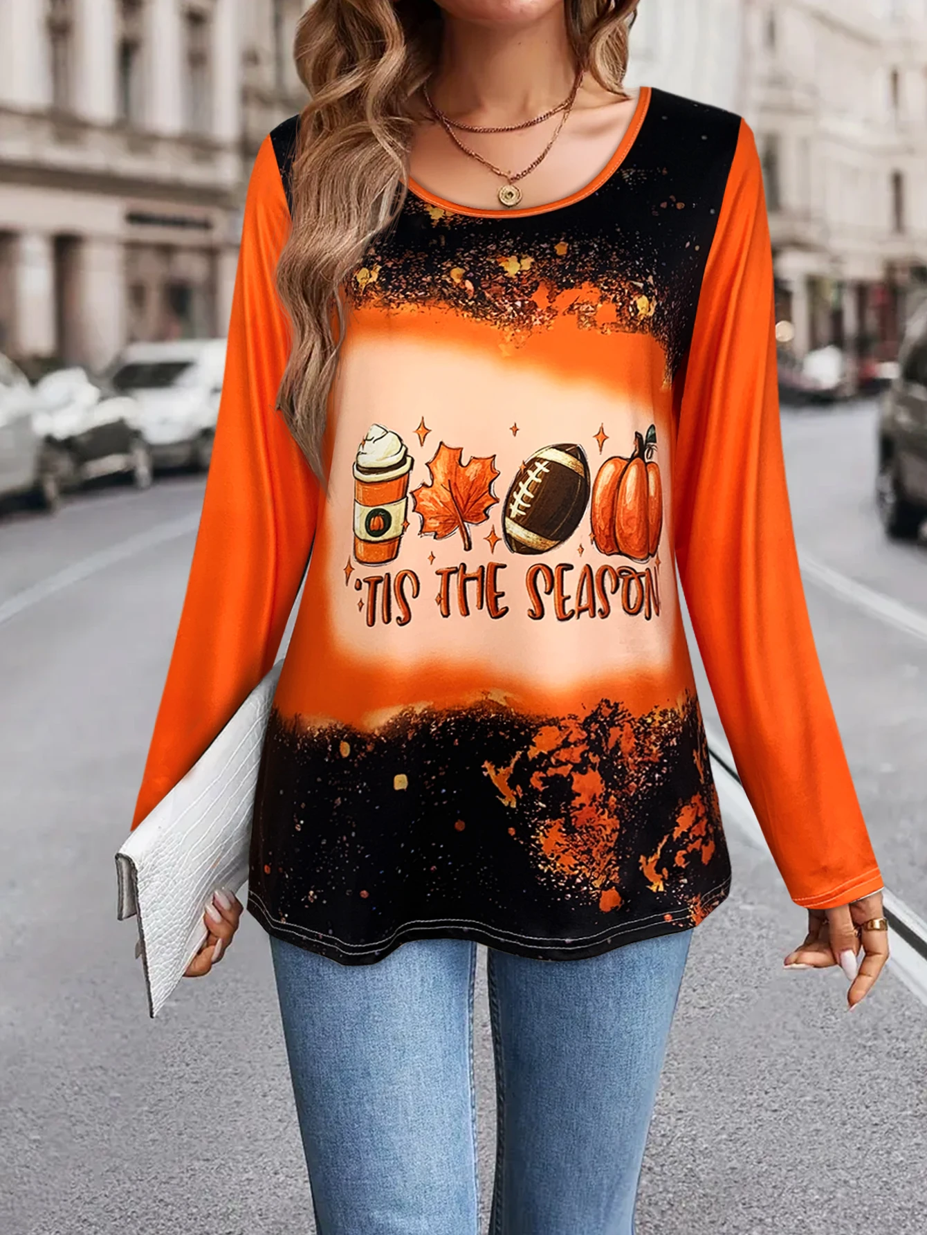 Women Fall Pumpkin Maple Leaf Print Long Sleeve Top Orange Black Casual T-Shirt Autumn Tee