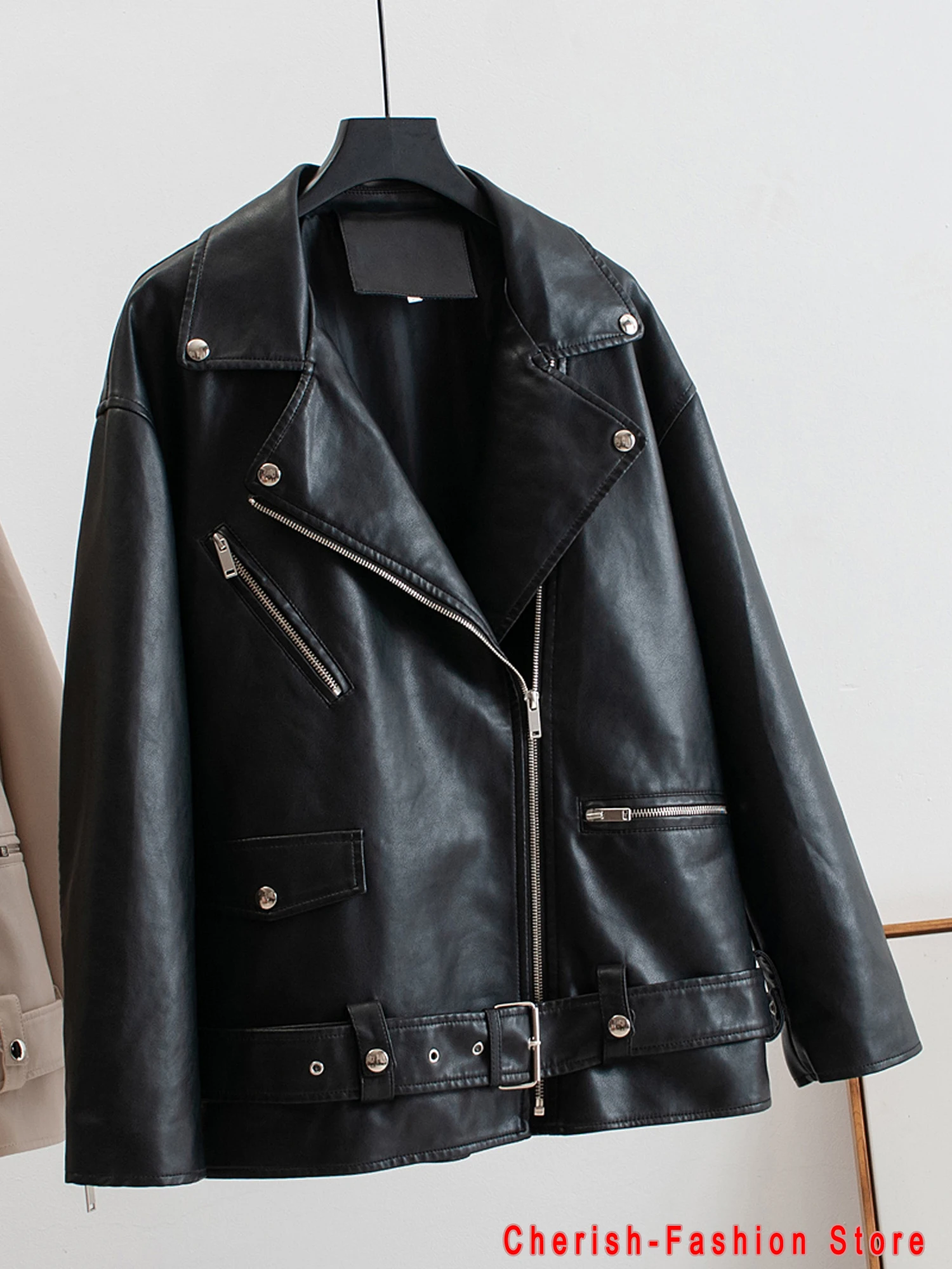 Lente Herfst Merk Faux Lederen Jassen Vrouwen Losse Casual Jas Vrouwelijke Drop-Schouder Motorfietsen Locomotief Uitloper Met Riem