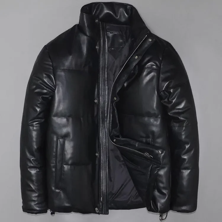 

Men Classic casual winter warm sheepskin wear.Black genuine leather duck down jacket.quality leather clothes