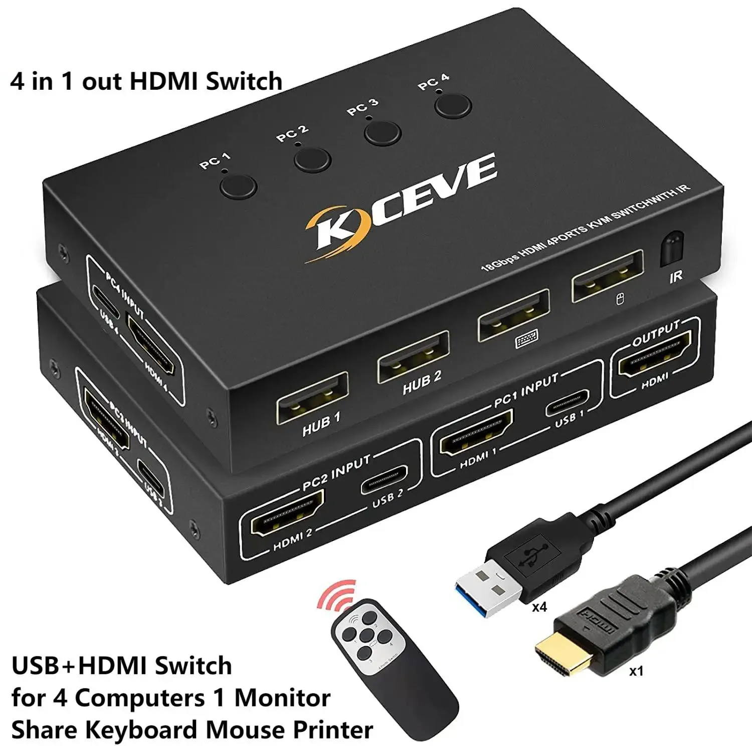 

4 USB Hub KVM Switch HDMI 4 Port UHD 4K@60Hz,USB and HDMI Switch for 4 Computers Share Keyboard Mouse Printer and 1 HD Monitor